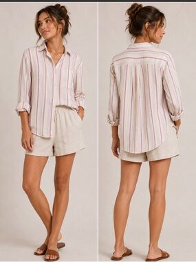 Gap Vintage Y2K XL Linen blend stripe corpcore classic coastal button down top
